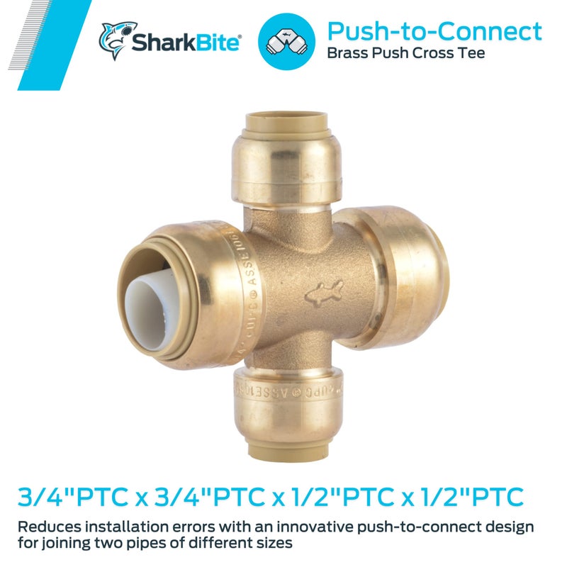 SharkBite 3/4 x 3/4 x 1/2 x 1/2 Inch Cross Tee, Push To Connect Brass Plumbing Fitting, PEX Pipe, Copper, CPVC, PE-RT, HDPE, U380LFA - Image 2